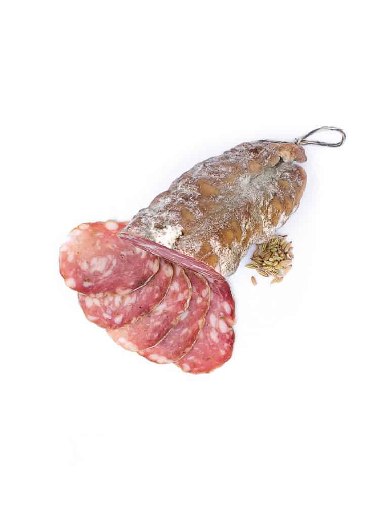 Saucisson sec au fenouil. Vente en direct de la salaison familiale. Charcuterie artisanale, saucisson, saucisse, diot, jambon, de Haute-Savoie & viande de qualité supérieure en ligne.